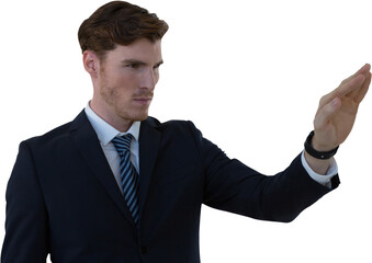 Digital png photo of focused caucasian businessman raising hand on transparent background