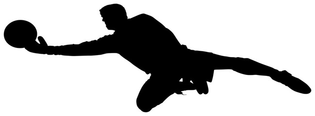 Digital png silhouette of male goalkeeper jumping for ball on transparent background