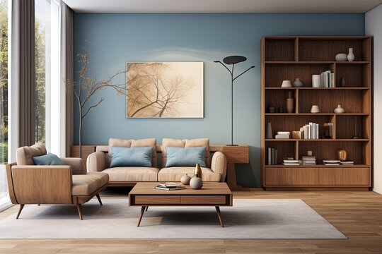 Modern and classy living room with blue walls, wooden floor, sofa and table. Created with Ai