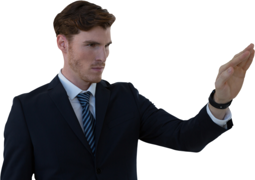 Digital png photo of focused caucasian businessman raising hand on transparent background - Powered by Adobe