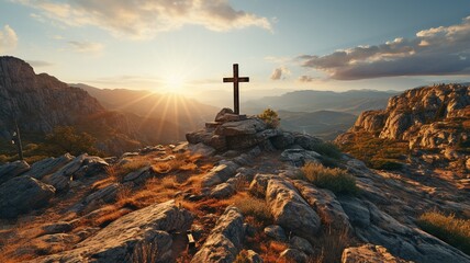 Cross atop a mountain with a sunset in the backdrop. .