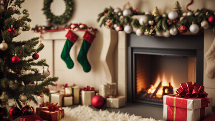 Fireside Fantasy: A Magical Christmas Scene with Baubles and Gifts