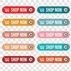 Shop now button with shopping cart.  Modern collection for web site. Online shopping. Click here, apply, buttons hand pointer clicking. Web design elements. Vector illustration