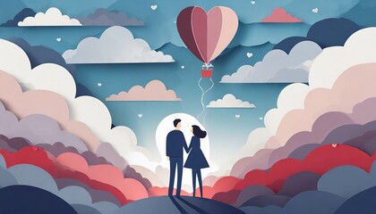 couple with balloon in the sky and cloudy, valentine concept, paper origami cool colors background.