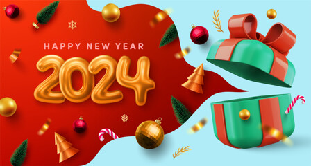 Happy New Year 2024 Poster or banner,Golden Number Realistic with Open gift boxes and christmas element for Retail,Shopping or Christmas Promotion. Vector illustration eps 10