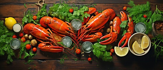 Close-up of meal preparation on a table for preparing seafood, such as sea crayfish or spiny lobster, using fresh ingredients. Top view in horizontal orientation.