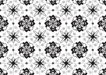 Black and white seamless pattern with flowers and swirls on a white background