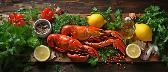 Close-up of meal preparation on a table for preparing seafood, such as sea crayfish or spiny lobster, using fresh ingredients. Top view in horizontal orientation.