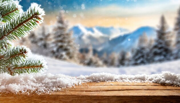 Wooden desk cover of snow and frost with christmas tree branch decoration photo.