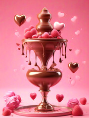 Chocolate fondue with hearts on pink background valentines Day, Generative Ai