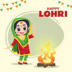 Happy lohri festival greeting background with cute girl design template