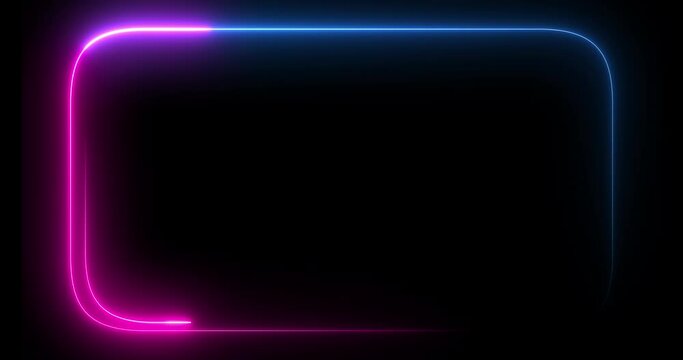 Neon border glowing frame background. Square rectangle neon border picture frame with on isolated black background. 4K Resolution
