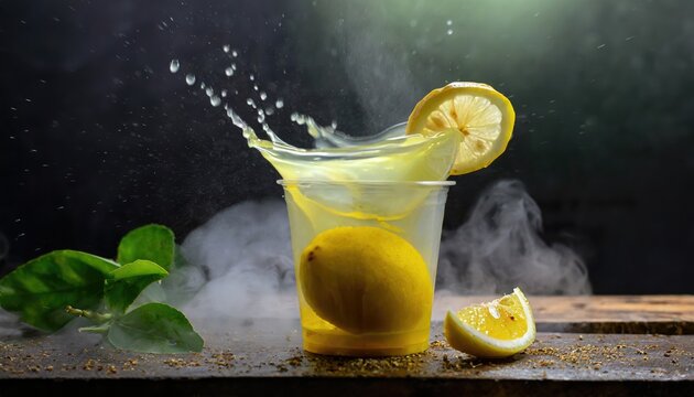 smoothly lemon in plastic cup, Cold steam on the glass, show for advertise media