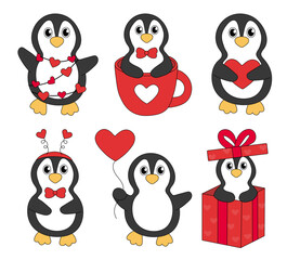 Naklejka premium Set of cartoon Valentine day Penguin characters. Cute Penguins in cup and in gift box, garland, Headband and with heart balloon. Vector flat illustration.