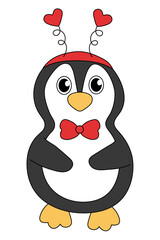Cartoon Valentine day Penguin character. Cute Penguin with Headband and tie bow. Vector flat illustration.