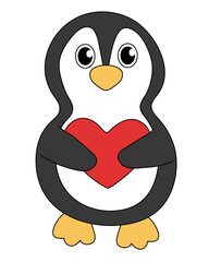 Cartoon Valentine day Penguin character. Cute Penguin hold heart. Vector flat illustration.