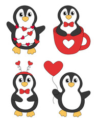 Set of cartoon Valentine day Penguin characters. Cute Penguins in cup, garland, Headband and with heart balloon. Vector flat illustration.