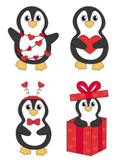 Set of cartoon Valentine day Penguin characters. Cute Penguins in gift box, garland, Headband and with heart. Vector flat illustration.