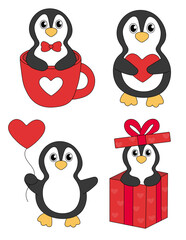 Set of cartoon Valentine day Penguin characters. Cute Penguins in cup and in gift box and with heart balloon. Vector flat illustration.