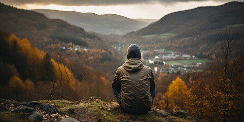 A man sits thoughtfully on a rock overlooking a valley with villages and mountains in the background - Powered by Adobe
