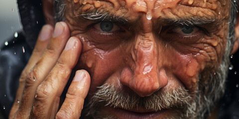 Close-up of an elderly man's face, wrinkled skin and sad eyes in the rain, expressing deep inner feelings