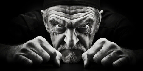 A man with angry eyes and clenched fists shows defiance and malice