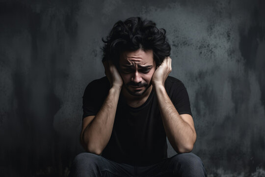 man with sad face, hands holding head on dark background
