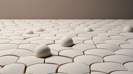 Fototapeta premium 3D model of arid land with raised spheres, made up of hexagonal tiles. The background is light beige. The photo gives a feeling of desolation and barrenness