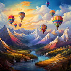 A cluster of hot air balloons drifting over a mountain range