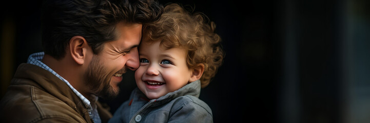 The father is hugging his son. The boy is looking into the distance. The father wore a brown leather jacket, while the boy wore a gray jacket. a warm and emotional picture.