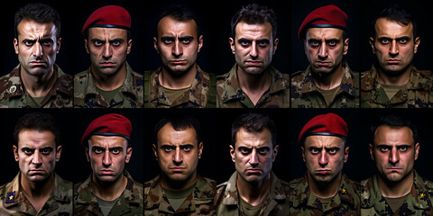 faces of male soldiers wearing uniforms with different expressions