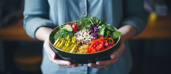 Woman with vegan or vegetarian food. Plant-based diet. Healthy meal. Buddha bowl with fresh...
