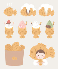 겨울철 한국 길거리 음식 붕어빵 일러스트 벡터 세트