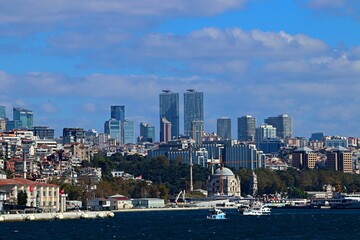 View of the city of Istanbul from a passenger sea ferry sailing along the Bosphorus
