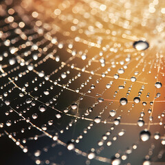 A close-up of raindrops on a spiderweb in the early morning.