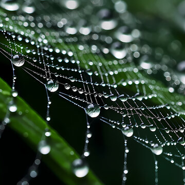 A close-up of raindrops on a spiderweb in the early morning.