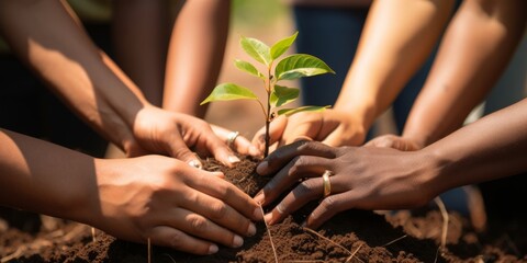 People planting trees in soil - obrazy, fototapety, plakaty