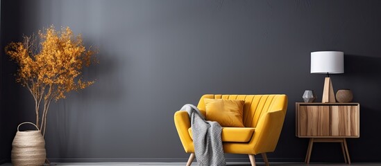 Stylish living room with wooden armchair, yellow blanket, white rug, black wall, and gray curtains. - obrazy, fototapety, plakaty