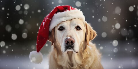 A dog wearing a Santa hat in a snowy setting