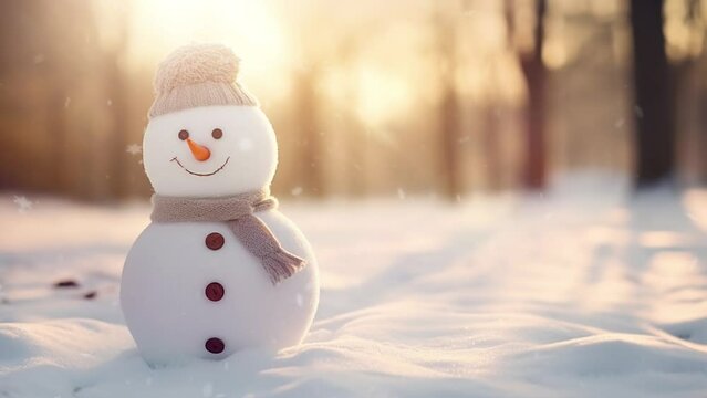 Funny snowman in stylish red hat and red scalf on snowy field during snowing