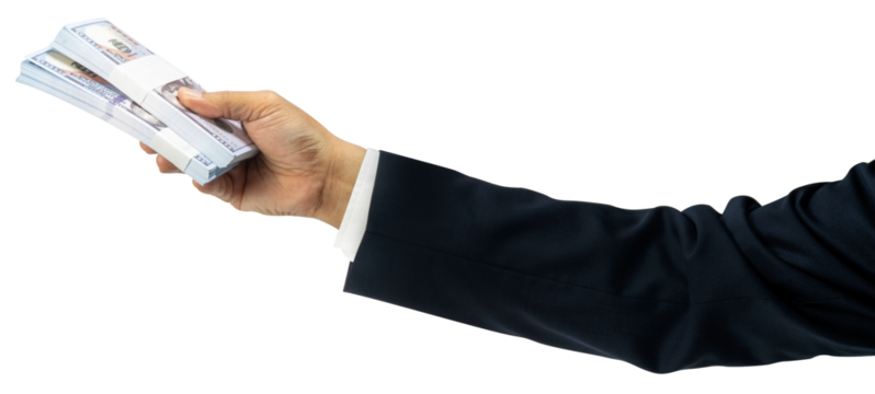 Businessman's hands holding millions of dollars To buy, sell, make financial transactions or carry a lot of money to trade in gray businesses isolate on white background PNG file. - Powered by Adobe