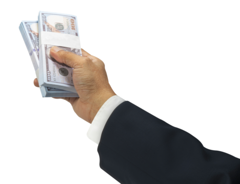 Businessman's hands holding millions of dollars To buy, sell, make financial transactions or carry a lot of money to trade in gray businesses isolate on white background PNG file.