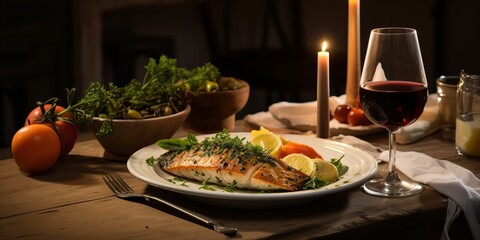 Wine and grilled fish on a rustic table