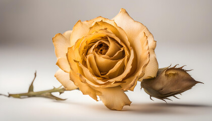 dried single yellow rose flower head isolated on white background.