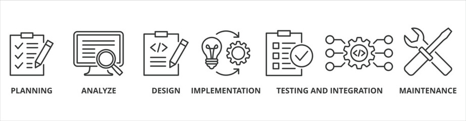 Software development banner web icon vector illustration concept with icon of planning, analyze, design, implementation, testing, integration, and maintenance