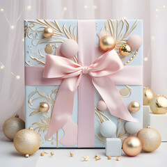 Beautiful Christmas gift box in pastel colors with a few decorations placed around it.Generative AI illustration 
