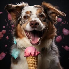 border collie puppy with a Icecream on color background. 