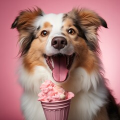 Fototapeta na wymiar border collie puppy with a Icecream on pink pastel background. 