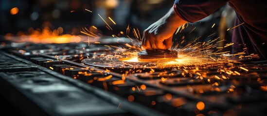 sparks from a grinding machine to finish metal - obrazy, fototapety, plakaty