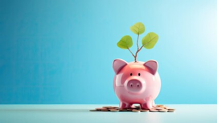 Pink piggy bank, on blue background. Investment savings concept